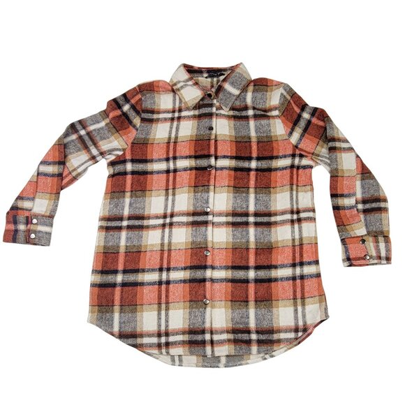 Blue B Shacket Plaid Button-Down Shirt  Jacket Rust Brown Flanne  Womens Lg New - Picture 3 of 10